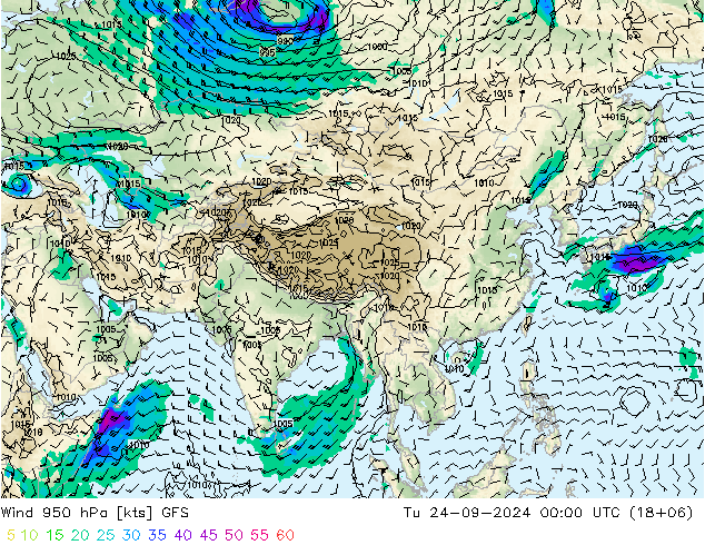 Prec 6h/Wind 10m/950 GFS wto. 24.09.2024 00 UTC