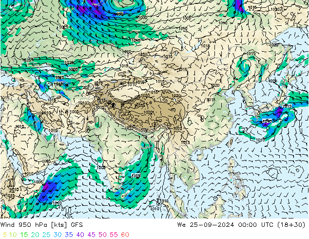 Vento 950 hPa GFS mer 25.09.2024 00 UTC