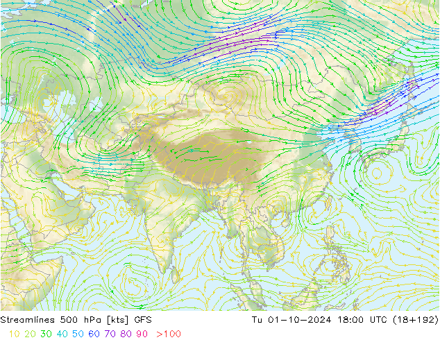 Streamlines 500 hPa GFS Tu 01.10.2024 18 UTC