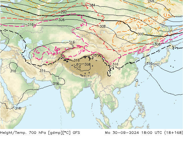 Yükseklik/Sıc. 700 hPa GFS Pzt 30.09.2024 18 UTC