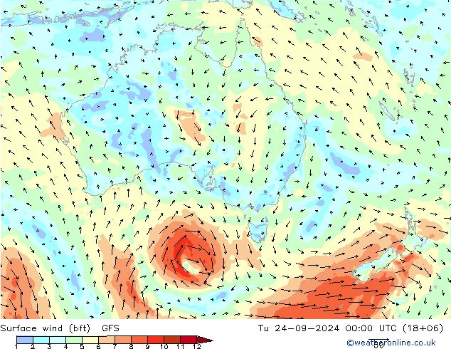 Surface wind (bft) GFS Tu 24.09.2024 00 UTC