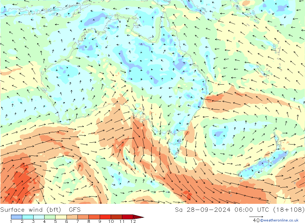 Wind 10 m (bft) GFS za 28.09.2024 06 UTC