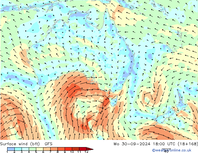 wiatr 10 m (bft) GFS pon. 30.09.2024 18 UTC