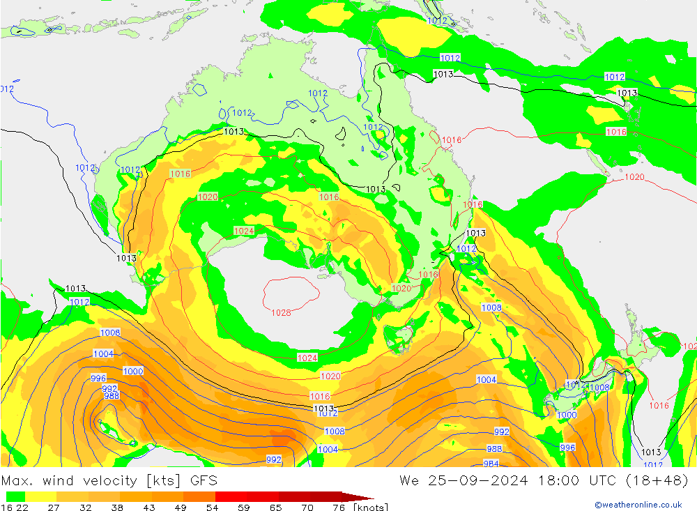 Max. wind snelheid GFS wo 25.09.2024 18 UTC