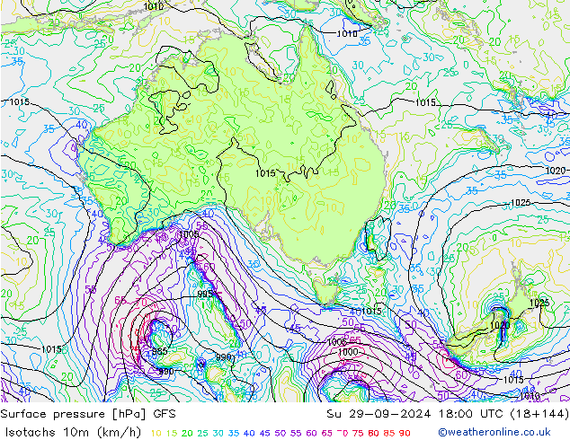 Isotachs (kph) GFS  29.09.2024 18 UTC