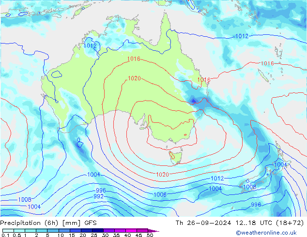 Precipitation (6h) GFS Th 26.09.2024 18 UTC