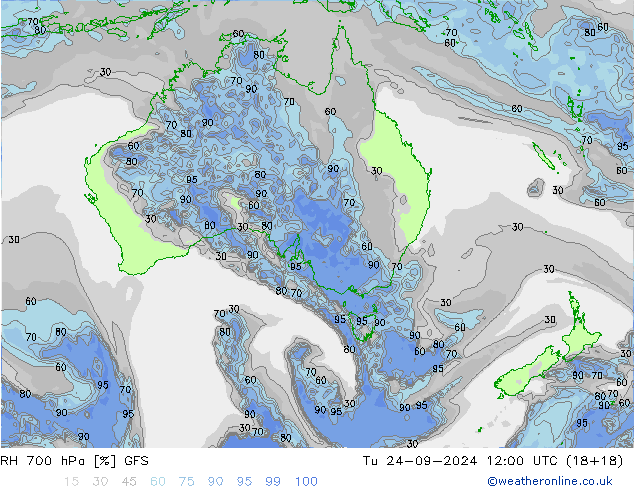 RH 700 hPa GFS Tu 24.09.2024 12 UTC