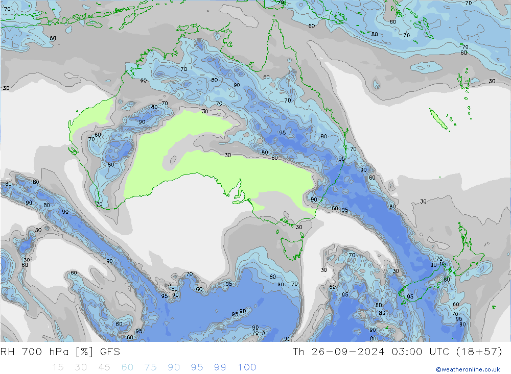 RH 700 hPa GFS czw. 26.09.2024 03 UTC