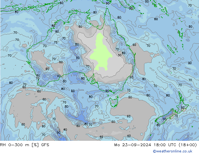 RH 0-300 m GFS Mo 23.09.2024 18 UTC