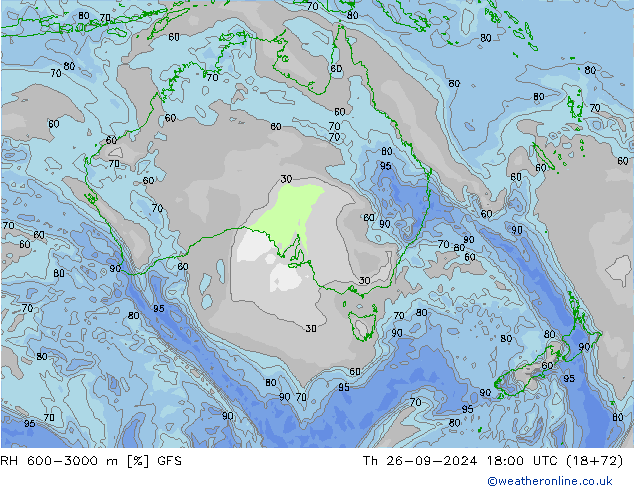 Humedad rel. 600-3000m GFS jue 26.09.2024 18 UTC