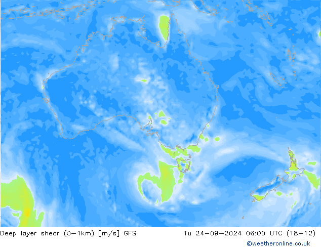 Deep layer shear (0-1km) GFS Sa 24.09.2024 06 UTC