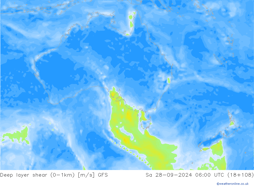 Deep layer shear (0-1km) GFS So 28.09.2024 06 UTC