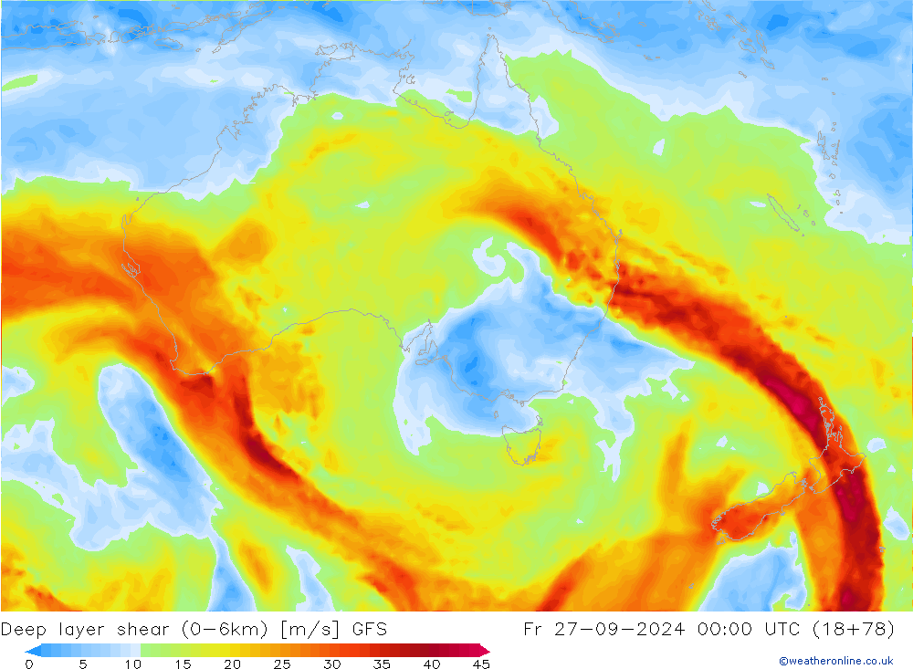 Deep layer shear (0-6km) GFS vie 27.09.2024 00 UTC