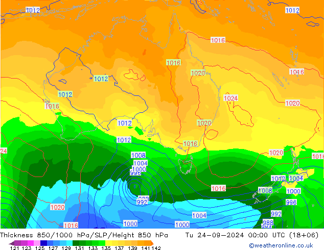 Thck 850-1000 hPa GFS Út 24.09.2024 00 UTC