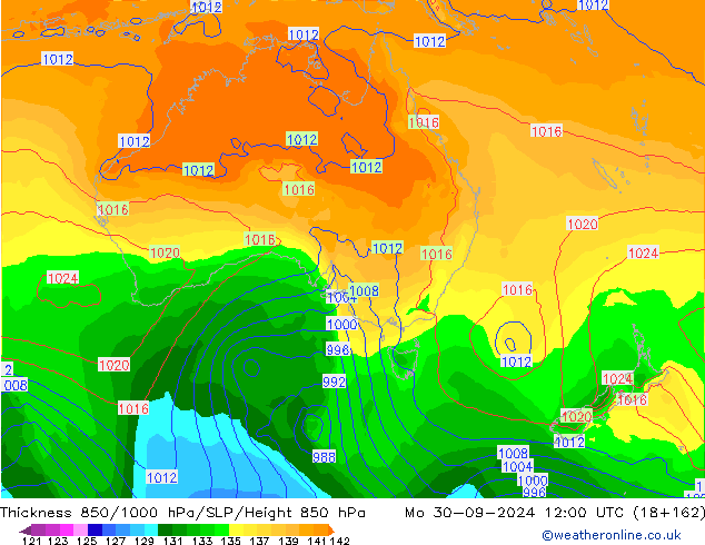 Espesor 850-1000 hPa GFS lun 30.09.2024 12 UTC