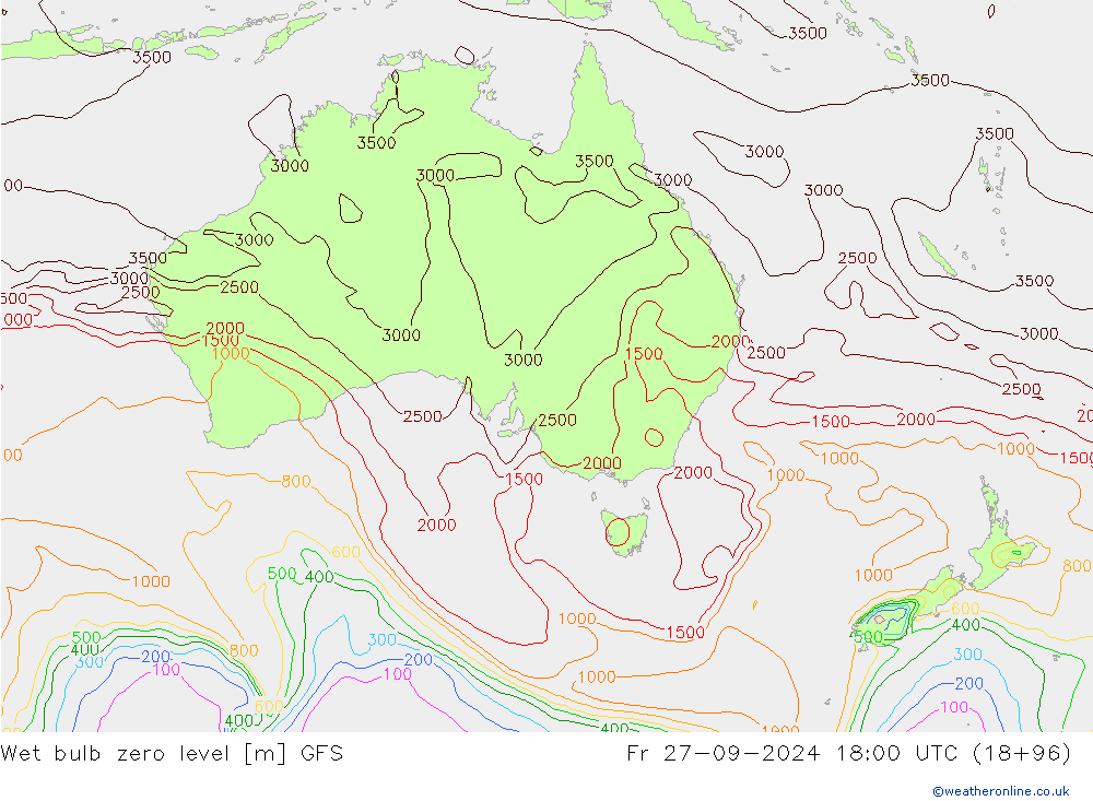 Wet bulb zero level GFS Fr 27.09.2024 18 UTC