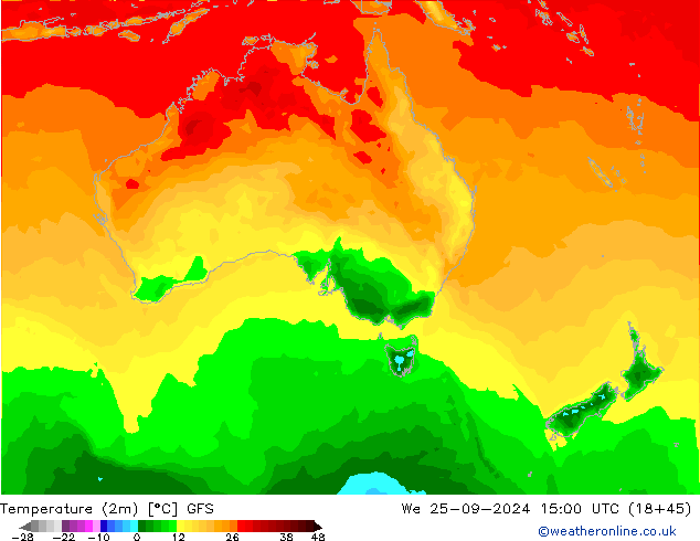 Temperatura (2m) GFS mié 25.09.2024 15 UTC