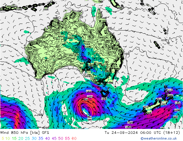 Wind 850 hPa GFS Tu 24.09.2024 06 UTC