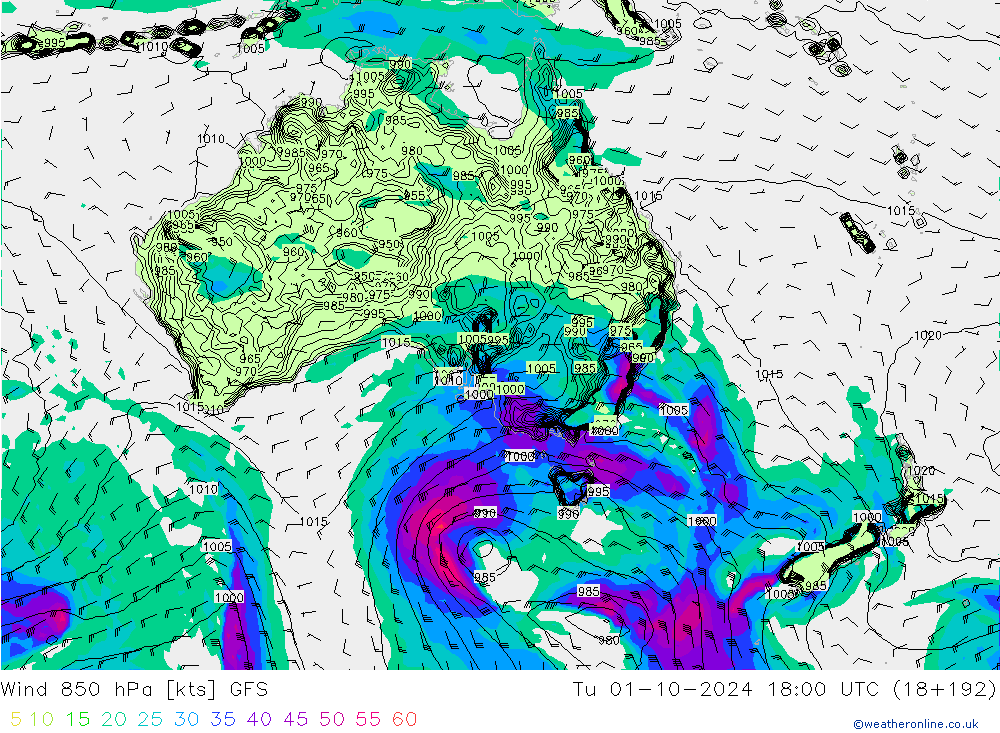 wiatr 850 hPa GFS wto. 01.10.2024 18 UTC