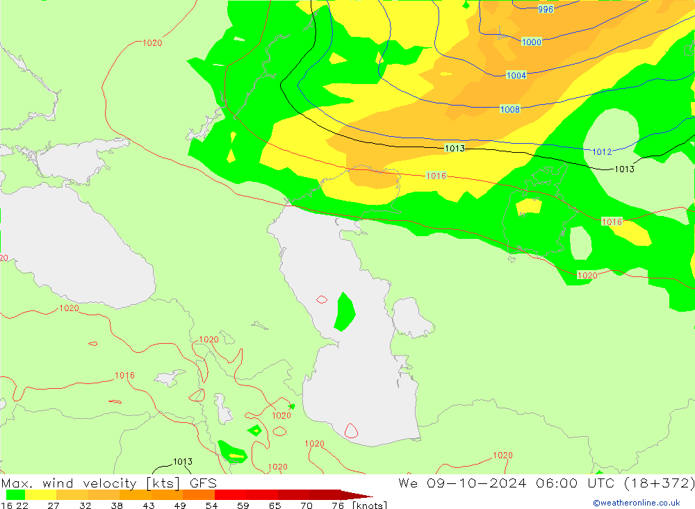 Max. wind velocity GFS ср 09.10.2024 06 UTC