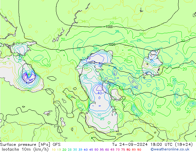 Isotachen (km/h) GFS di 24.09.2024 18 UTC