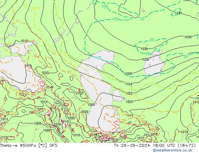 Theta-e 850hPa GFS Čt 26.09.2024 18 UTC