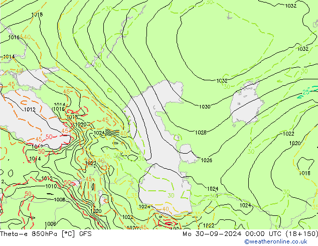 Theta-e 850hPa GFS lun 30.09.2024 00 UTC