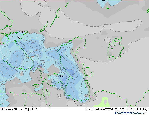 RH 0-300 m GFS Mo 23.09.2024 21 UTC