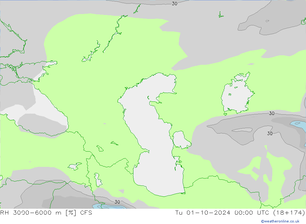 RH 3000-6000 m GFS Ter 01.10.2024 00 UTC