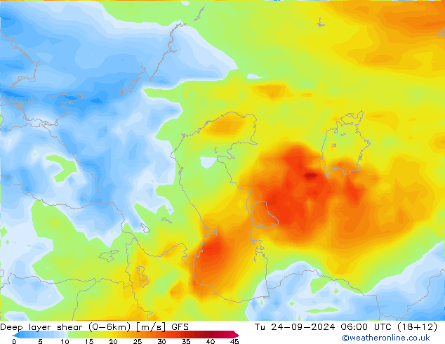 Deep layer shear (0-6km) GFS Sa 24.09.2024 06 UTC