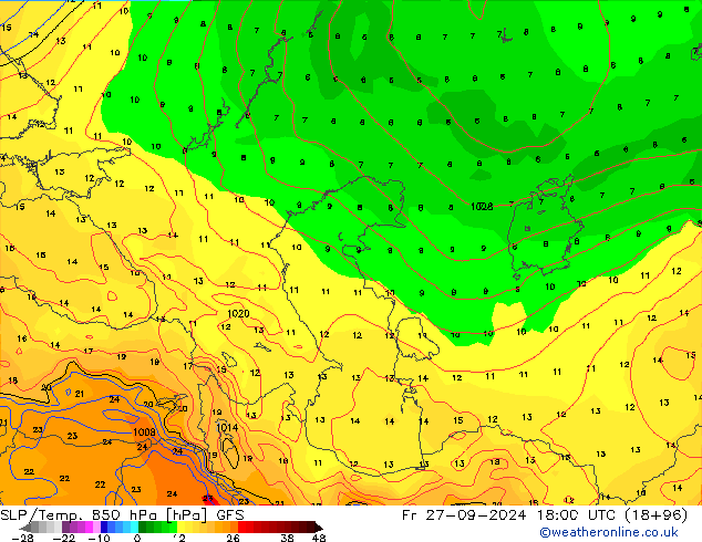 SLP/Temp. 850 hPa GFS ven 27.09.2024 18 UTC