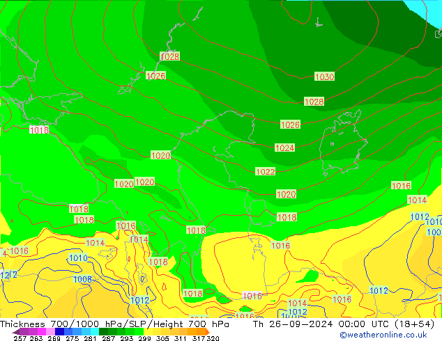 Thck 700-1000 гПа GFS чт 26.09.2024 00 UTC