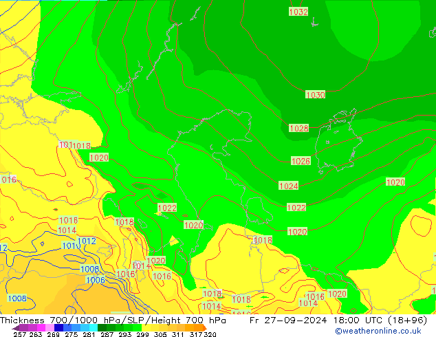 Thck 700-1000 hPa GFS ven 27.09.2024 18 UTC