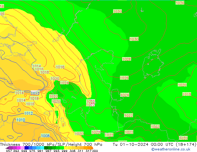 Thck 700-1000 hPa GFS Tu 01.10.2024 00 UTC