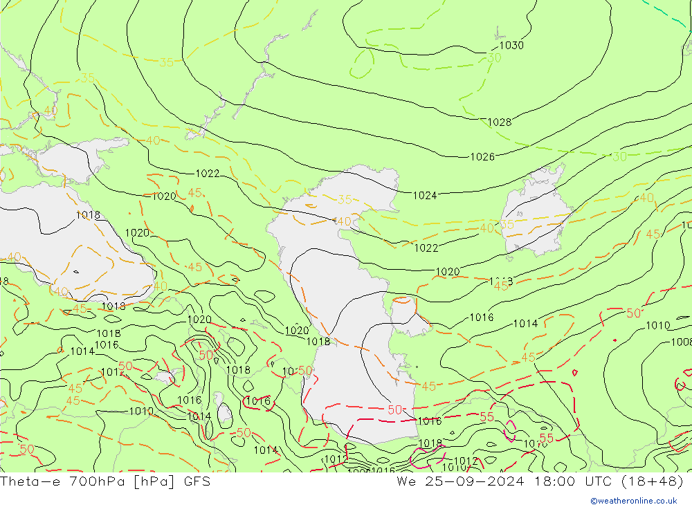 Theta-e 700hPa GFS We 25.09.2024 18 UTC