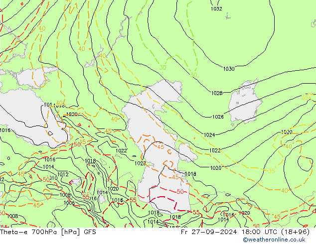 Theta-e 700hPa GFS pt. 27.09.2024 18 UTC