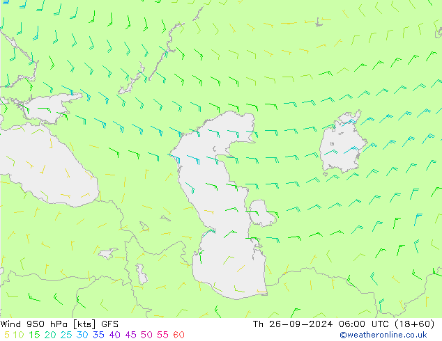 Vento 950 hPa GFS gio 26.09.2024 06 UTC