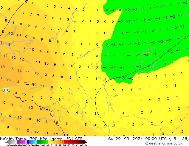 Height/Temp. 700 hPa GFS  29.09.2024 00 UTC