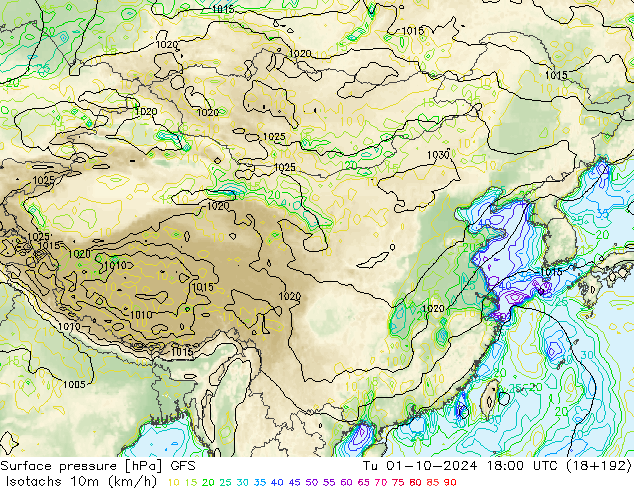 Isotachs (kph) GFS Tu 01.10.2024 18 UTC