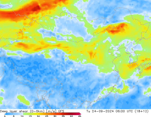 Deep layer shear (0-6km) GFS  24.09.2024 06 UTC