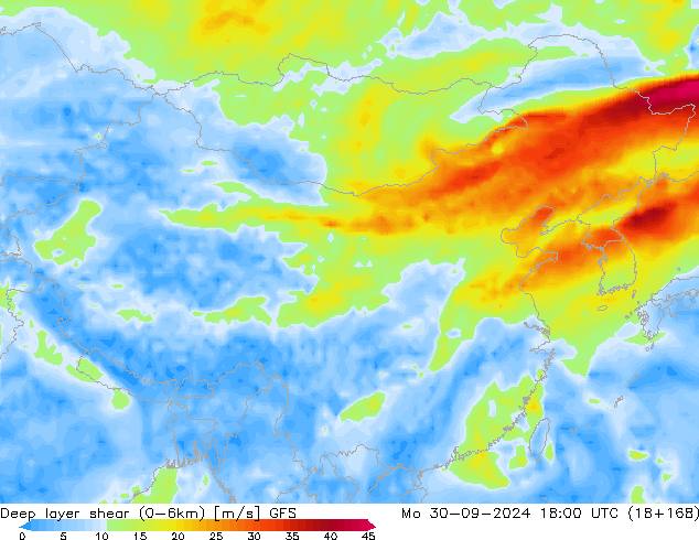 Deep layer shear (0-6km) GFS lun 30.09.2024 18 UTC