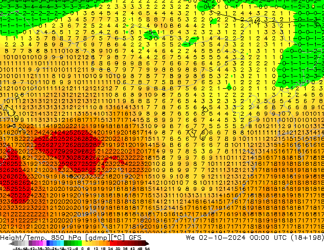 Geop./Temp. 850 hPa GFS mié 02.10.2024 00 UTC