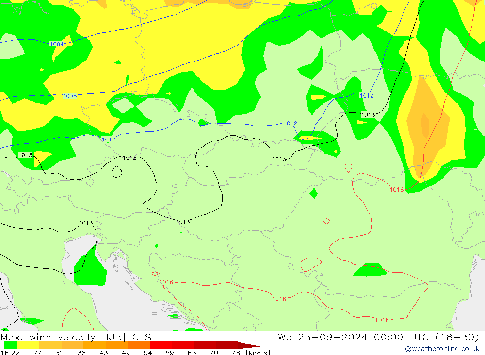 Max. wind velocity GFS We 25.09.2024 00 UTC