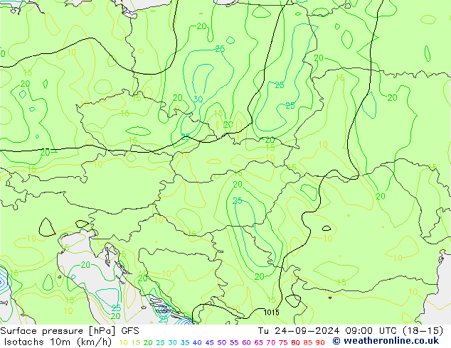 Isotachs (kph) GFS вт 24.09.2024 09 UTC