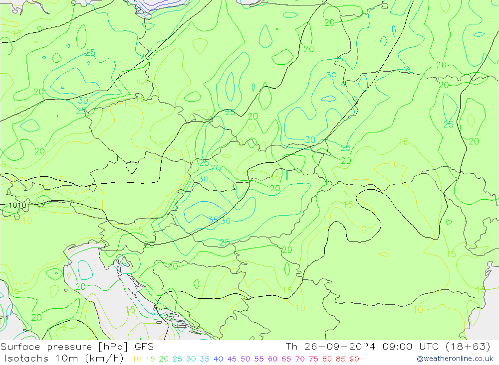 Isotachs (kph) GFS gio 26.09.2024 09 UTC