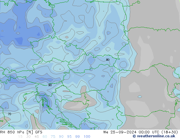 RH 850 hPa GFS We 25.09.2024 00 UTC