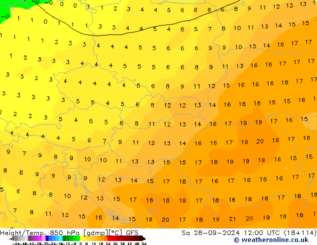 Height/Temp. 850 hPa GFS Sa 28.09.2024 12 UTC