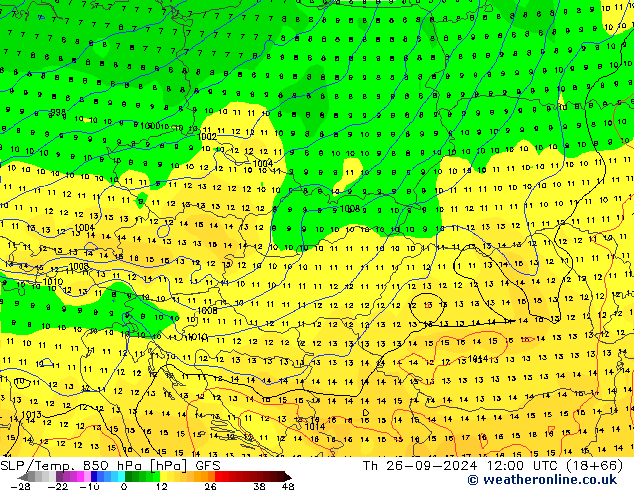 SLP/Temp. 850 hPa GFS czw. 26.09.2024 12 UTC