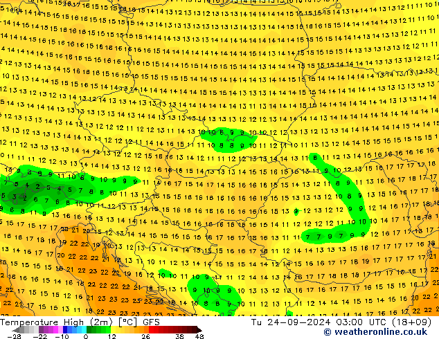 Temperature High (2m) GFS Tu 24.09.2024 03 UTC