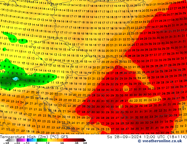 température 2m max GFS sam 28.09.2024 12 UTC